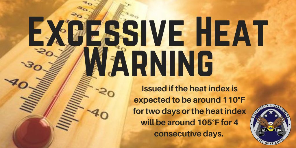 CityEMA's tweet image. The City of St. Louis is under an Excessive Heat Warning through 8/1/2024 at 7 p.m. Please use caution while outdoors and stay hydrated. #stlwx #ReadySTL #HeatWarning
