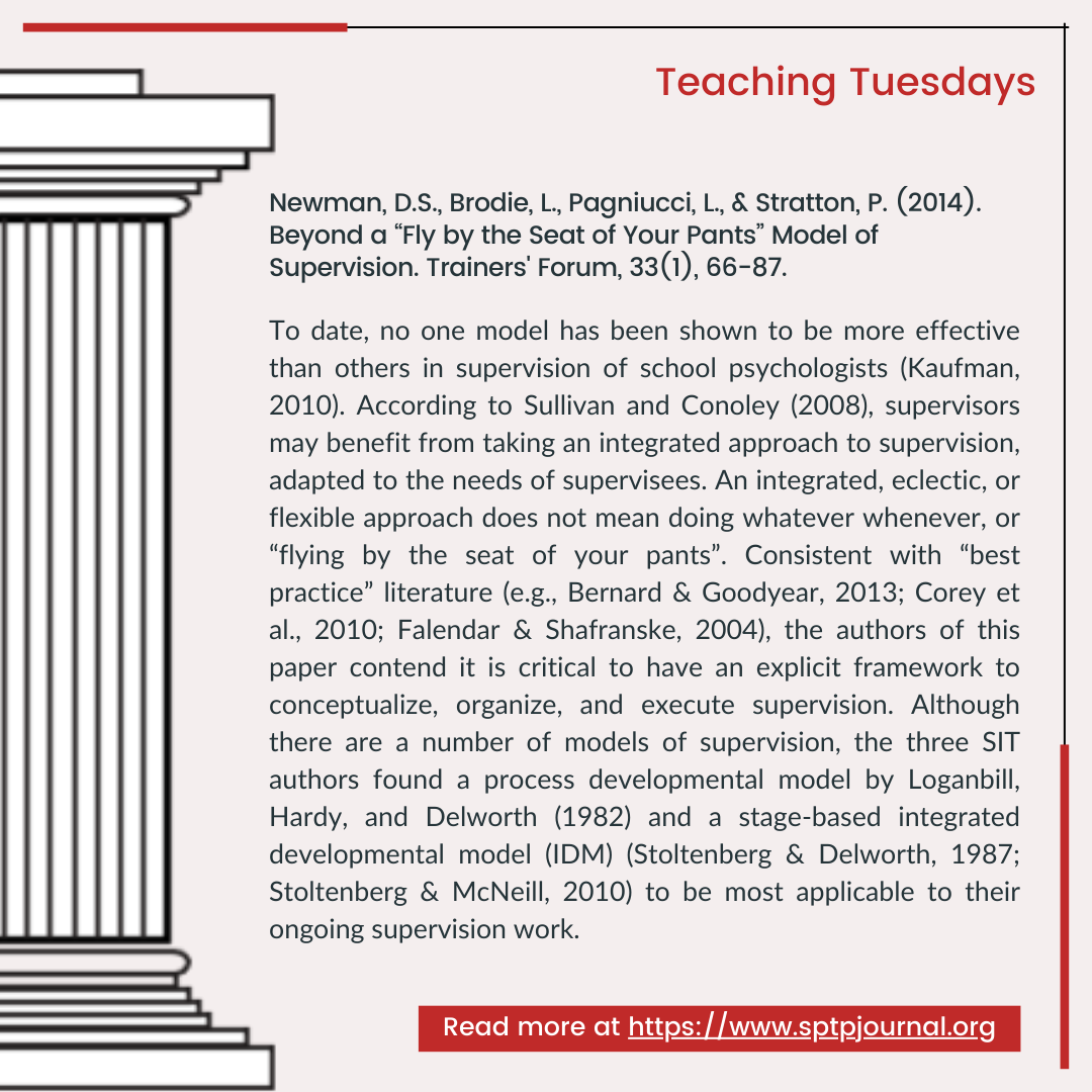 School Psychology Training and Pedagogy (@sptpjournal) on Twitter photo #TeachingTuesdays Explore Newman et al.'s (2014) article on supervision in school psychology. What benefits do you see in structured supervision training for professionals? Comment below. #SchoolPsychology #Supervision #GraduateTraining #TeachingTuesdays Explore Newman et al.'s (2014) article on supervision in school psychology. What benefits do you see in structured supervision training for professionals? Comment below. #SchoolPsychology #Supervision #GraduateTraining