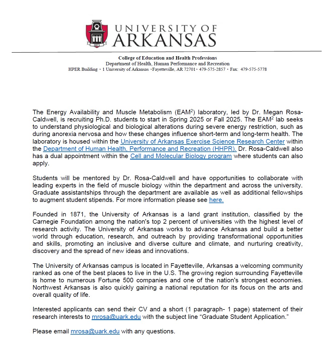 I'm still looking to recruit a PhD student for my lab <a href="/UArkansas/">University of Arkansas</a>! Come learn and work with great people <a href="/uacoehp/">UA COEHP</a> and <a href="/UofA_ESRC/">UA Exercise Science</a>! Specifics below, but please feel free to DM/email any questions!