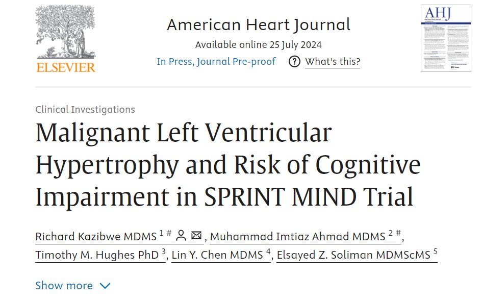In our newly published paper in the <a href="/AmericanHeartJ/">AmericanHeartJ</a>, we demonstrate that malignant LVH significantly increases the risk of cognitive decline. bit.ly/malignantLVH_d…