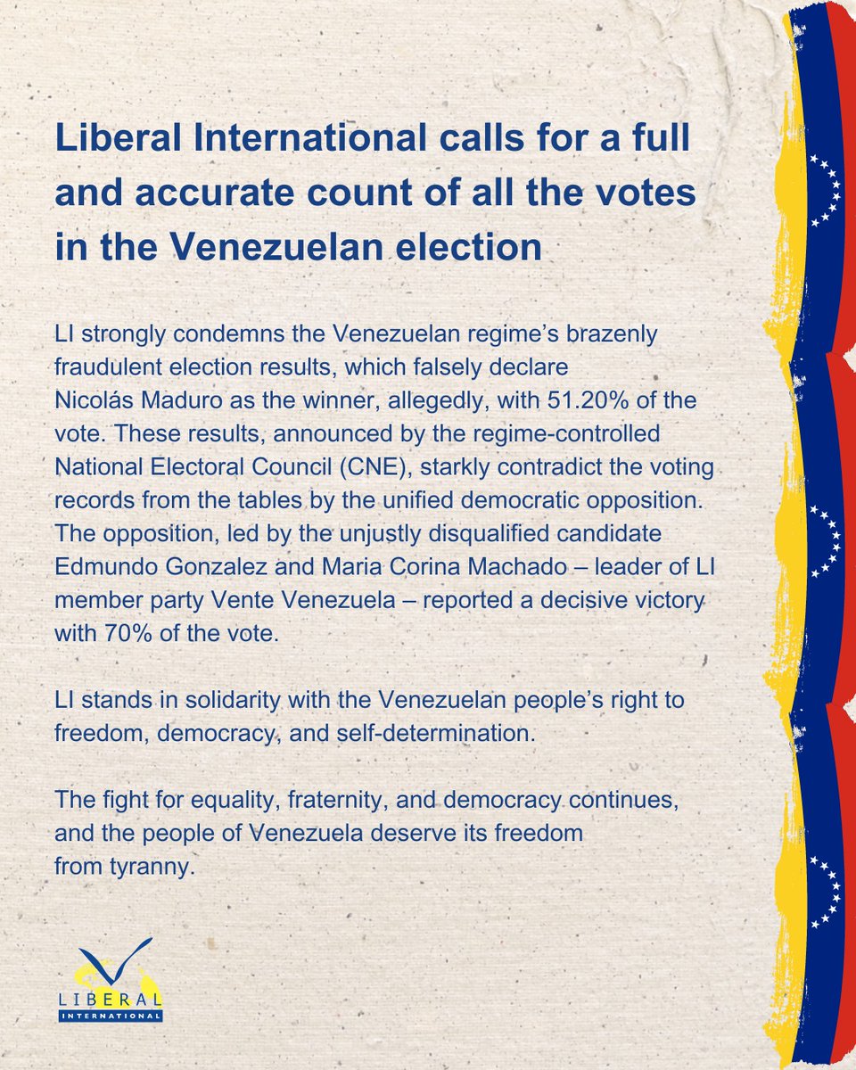 Liberal International calls for a full and accurate count of all the votes in the Venezuelan election.

LI strongly condemns the Venezuelan regime’s brazenly fraudulent election results. 

More in detail here: liberal-international.org/news-articles/…