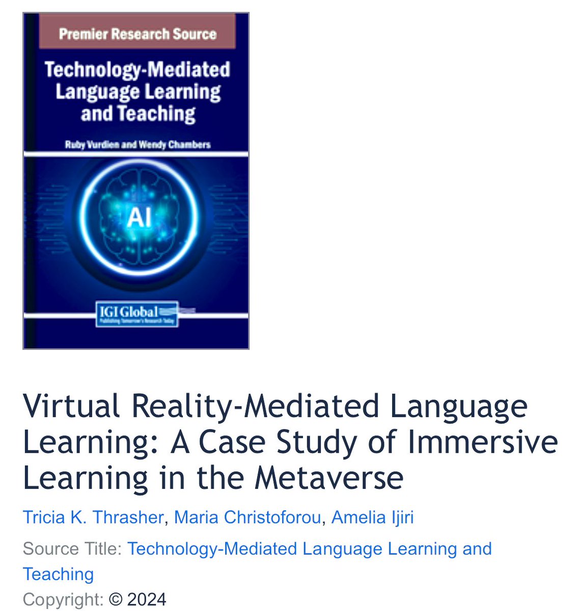 Our latest publication on VR-mediated language learning 

#Virtualreality#VR#metaverse#immerse#languagelearning#immersivelanguagelearning