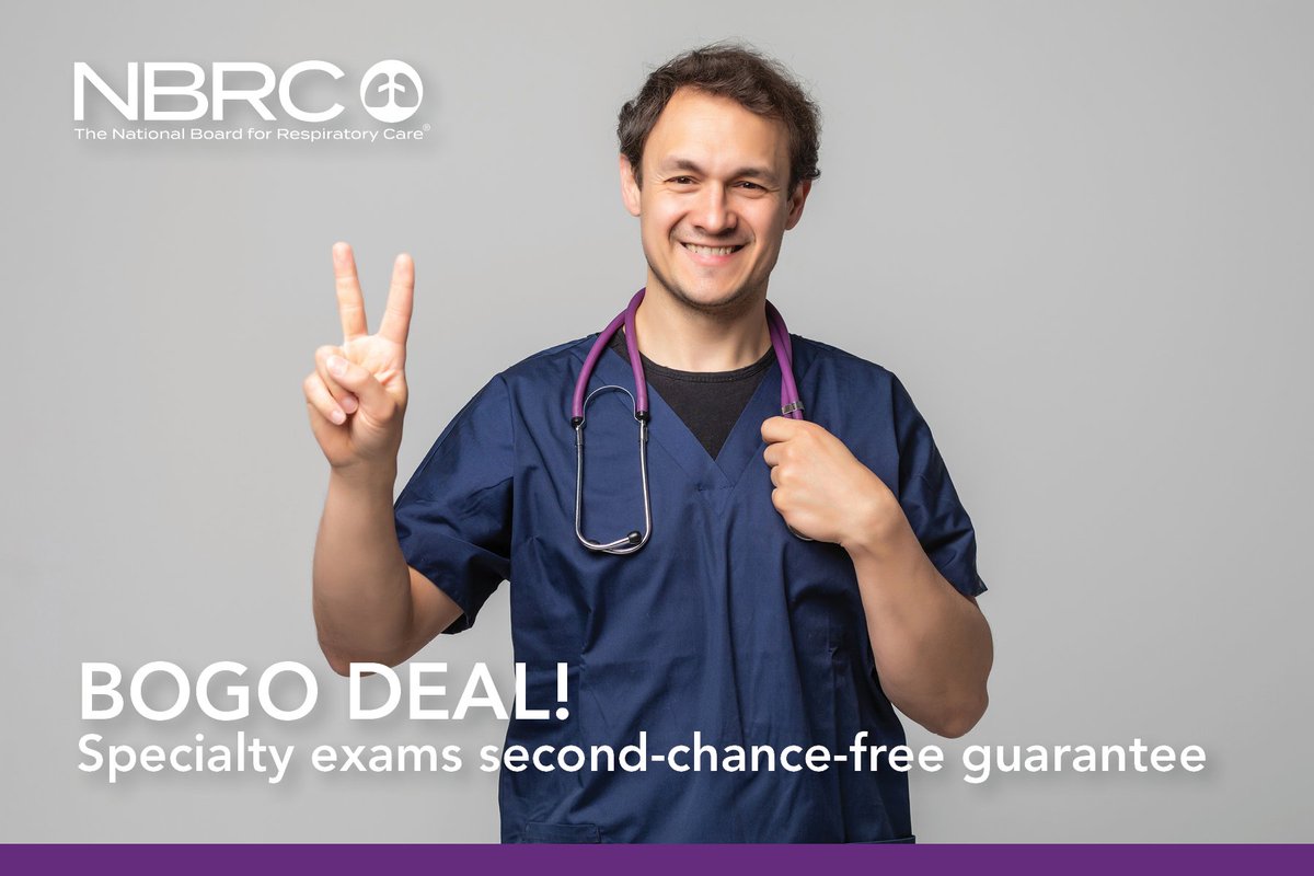 The National Board for Respiratory Care - NBRC (@nbrc_tweets) on Twitter photo We're offering a buy one, get a second chance guaranteed on all specialty exams! This second-chance-free guarantee promo is for all candidates attempting a specialty exam for the first time who apply between July 1 and December 31, 2024. bit.ly/44ZuuIB #RTs #secondchance We're offering a buy one, get a second chance guaranteed on all specialty exams! This second-chance-free guarantee promo is for all candidates attempting a specialty exam for the first time who apply between July 1 and December 31, 2024. bit.ly/44ZuuIB #RTs #secondchance