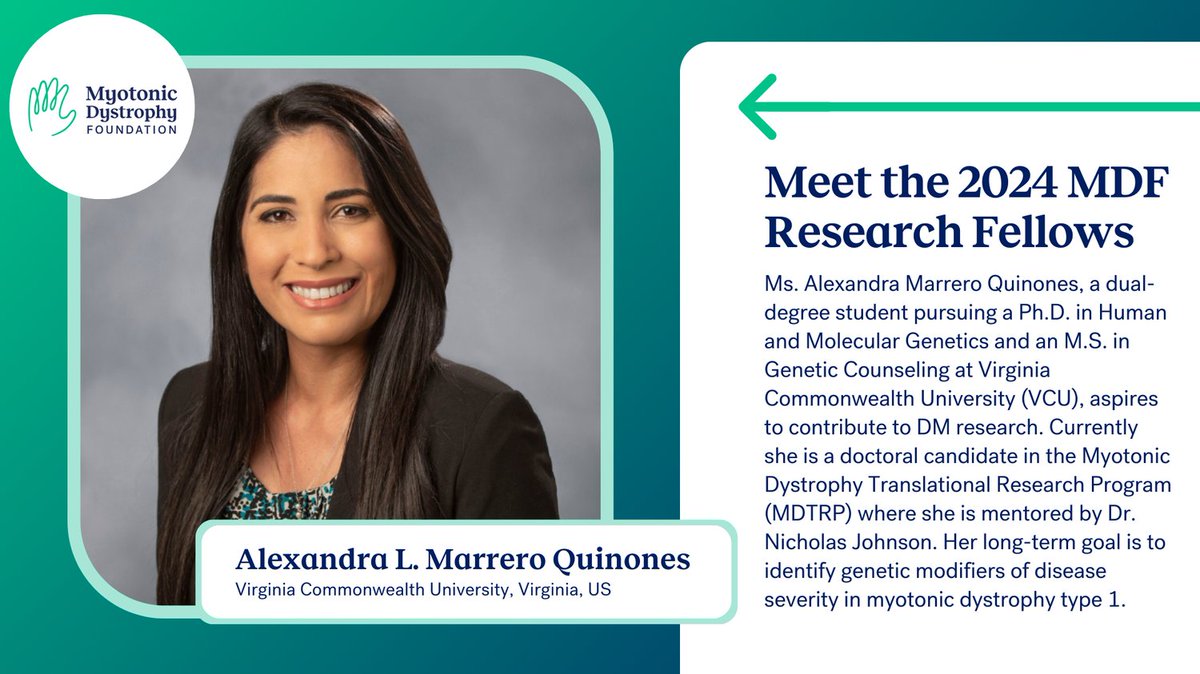 Myotonic Dystrophy Foundation (@myotonicstrong) on Twitter photo Learn more about one of MDF's 2024 Research Fellows, Ms. Alexandra Marrero Quinones! Her long-term goal is to identify genetic modifiers of disease severity in #myotonicDystrophy. Learn more at: myotonic.org/research-fello… Learn more about one of MDF's 2024 Research Fellows, Ms. Alexandra Marrero Quinones! Her long-term goal is to identify genetic modifiers of disease severity in #myotonicDystrophy. Learn more at: myotonic.org/research-fello…