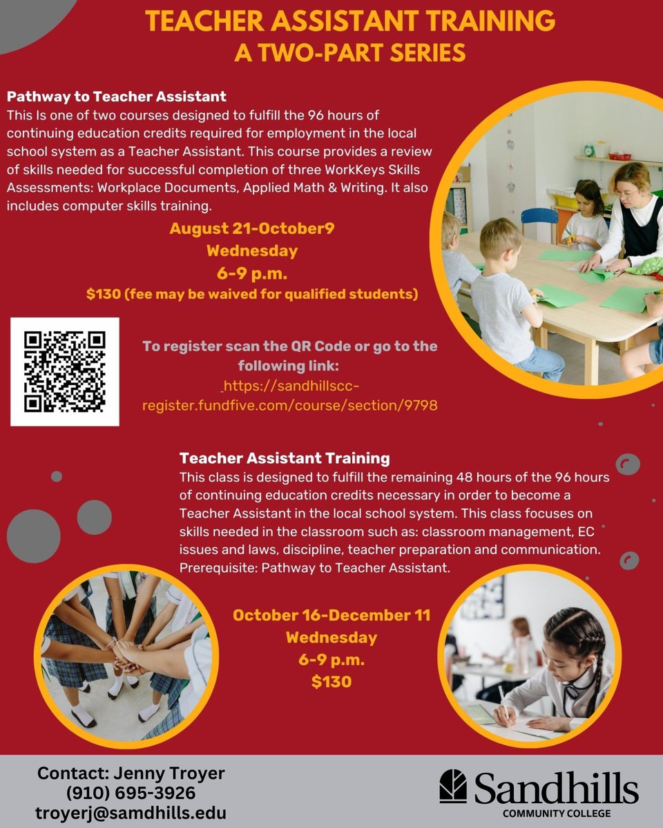 SandhillsCC's tweet photo. Ready to begin your career as a teacher assistant? This two-part series will have you prepared for employment by December. Learn more and register at https://t.co/7In0hCx6hY. #SandhillsCC https://t.co/jM0Oqjw6r2