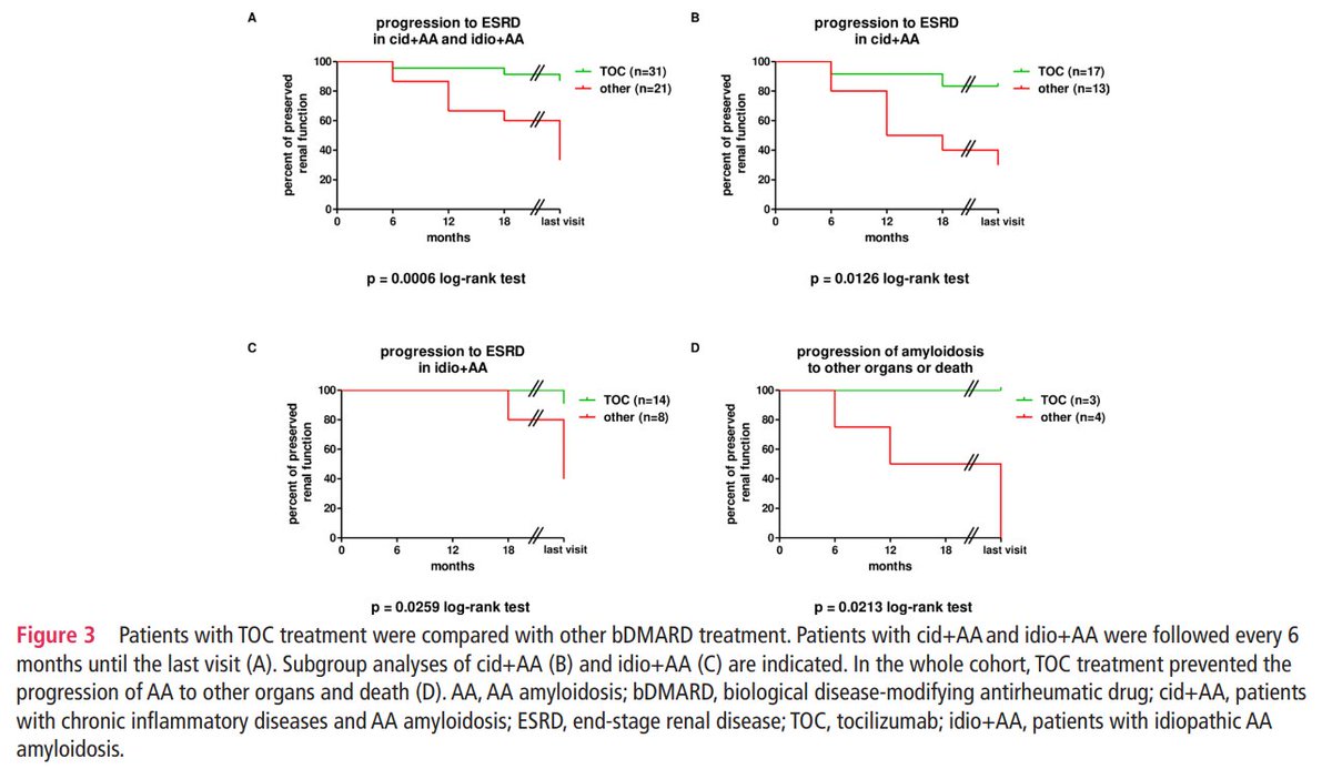 🅰️🅰️ What do you think about bDMARDs in renal AA #amyloidosis?

84 patients👫 
3️⃣  aetiological subgroups: 
🔵 chronic inflammatory diseases + AA ⇒ #tocilizumab
🔴 autoinflammatory syndrome + AA⇒ #IL1inhibitors
🔘 idiopathic AA ⇒ #tocilizumab

🔗  bit.ly/4dp6C4h