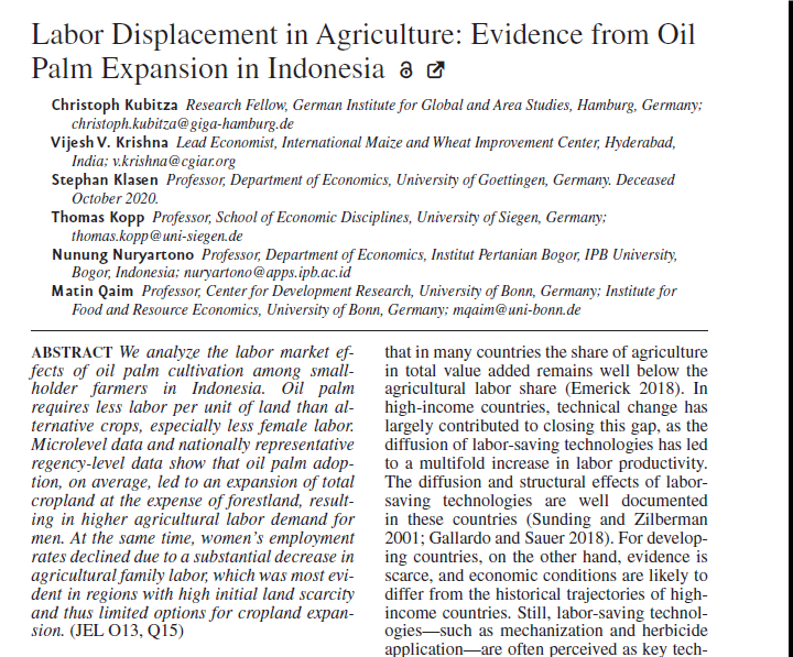 MatinQaim's tweet photo. In a recently published OA paper with long-term data from Indonesia, we show that the oil palm boom has increased demand for land &amp; male labor, but reduced demand for female labor. Interesting implications for the economy, the environment, &amp; gender equity. https://t.co/Gx7TI9dZ34 https://t.co/xVRSb9Ofdp