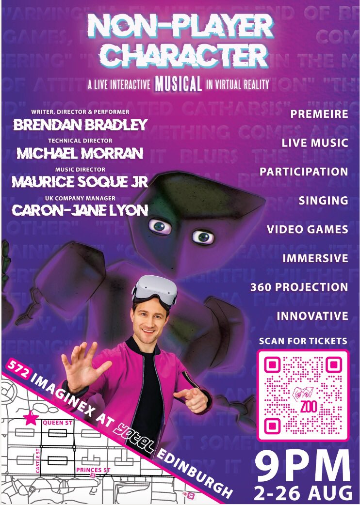 pcmcreative's tweet image. Some times you don’t need a B side. The beauty of a single malt. #npcmusical
@brendanAbradley’s one man VR 360 video game musical. In-Person or live each night online.
📍@YotelHQ @ZooVenues
🗓️ 2-25 Aug
⏰ 9PM
🎟️ go.npcmusical.com/x