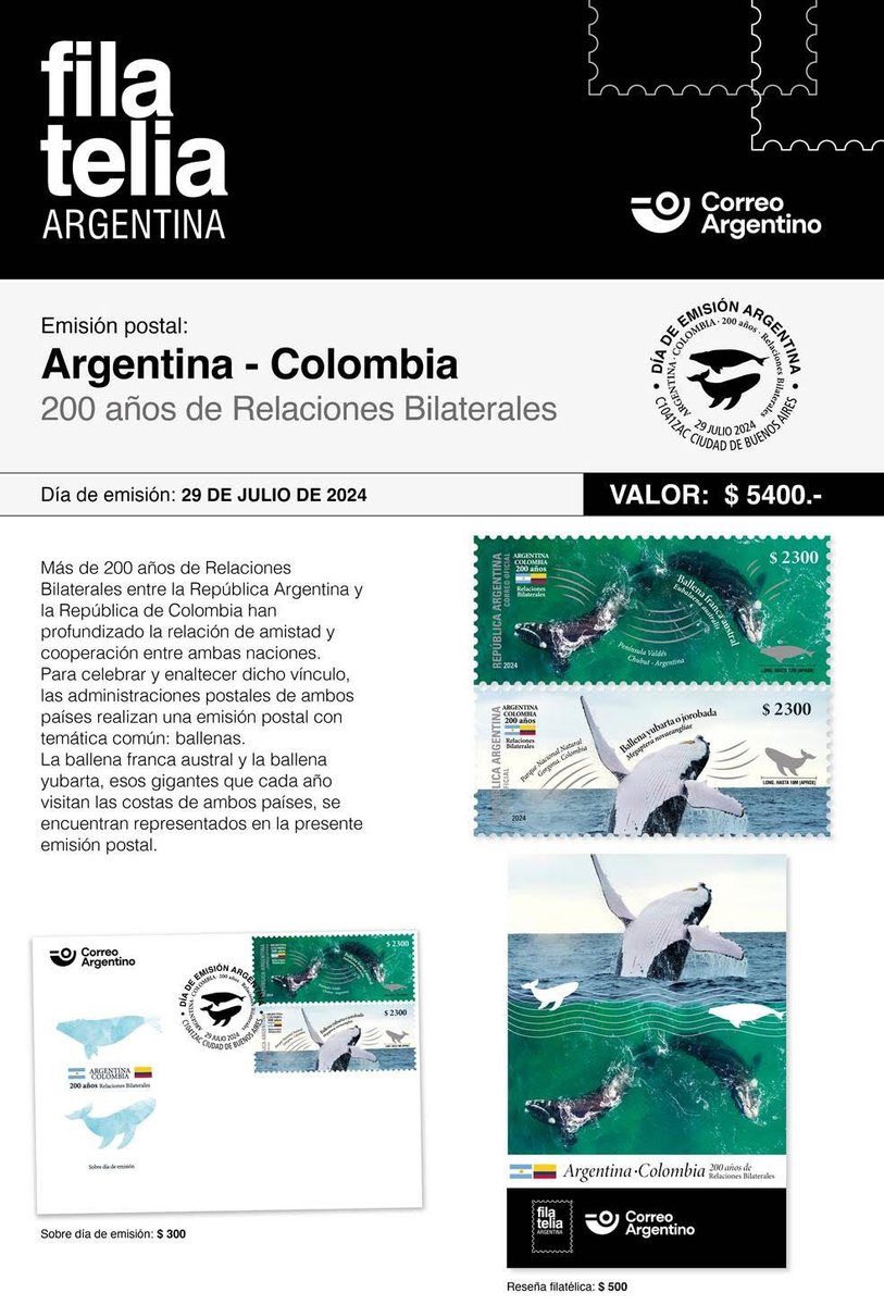 El Correo Argentino lanzó hoy estampillas conmemorativas por los 200 años de relaciones entre Argentina y Colombia. La ballena franca austral de #Chubut y la yubarta colombiana elegidas como representantes de ambos países.