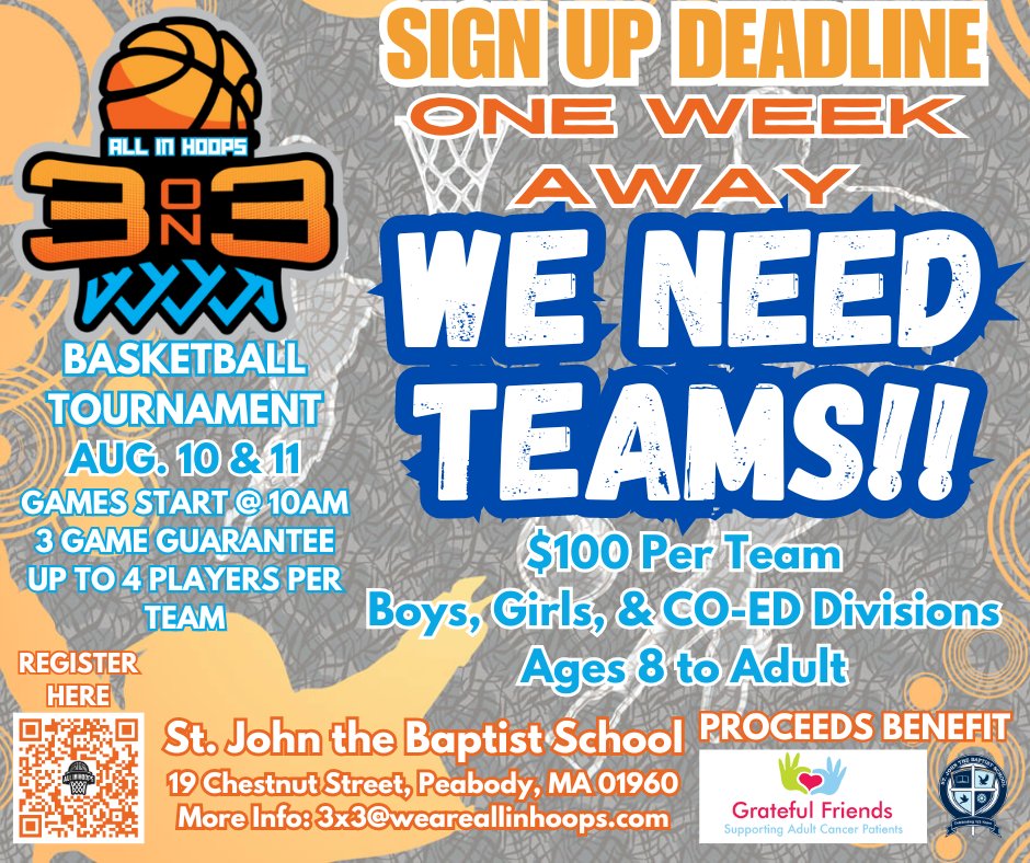 rebelsbballclub's tweet photo. The sign-up deadline for our first annual 3 on 3 tournament is just one week away! We don't have nearly enough teams signed up and are dangerously close to cancelling the event. Help us make a difference for North Shore youth, adults dealing with cancer, and St. John's School!! https://t.co/gaO3xhF62H