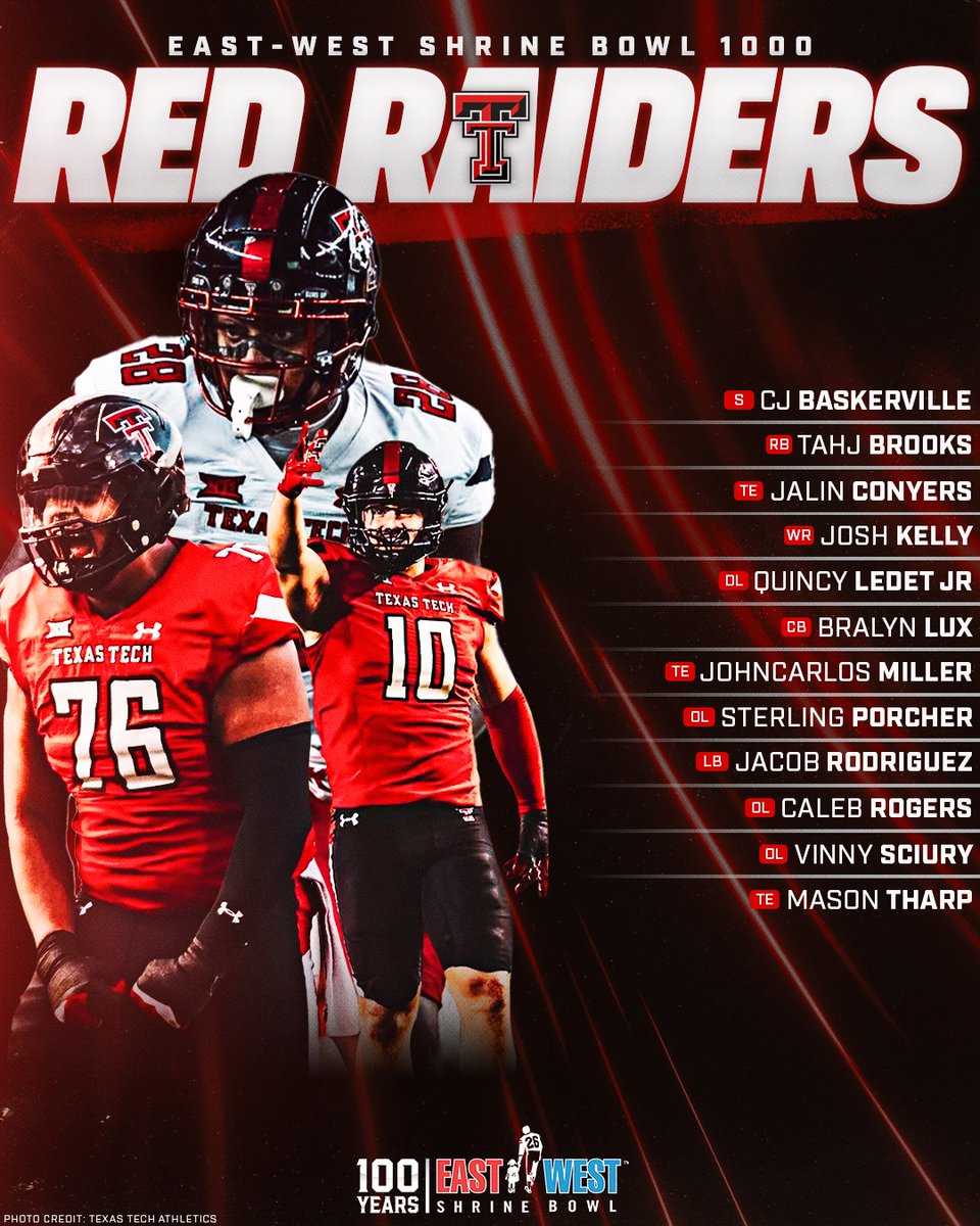 East-West Shrine Bowl (@shrinebowl) on Twitter photo The Red Raiders out of Lubbock, TX
💫 <a href="/c9baskerville/">CJ (HOUNDS) BASKERVILLE</a>
💫 <a href="/just_tahj/">Tahj Brooks</a>
💫 <a href="/therealjconyers/">Jalin Conyers 🌵</a>
💫 <a href="/kellz_0404/">Kellz3️⃣</a>
💫 <a href="/theelitekain14/">Quincy Ledet Jr (QJ)</a>
💫 <a href="/IamBlux12/">Bralyn Lux✌🏾</a>
💫 <a href="/j2manmiller/">Johncarlos Miller, II</a>
💫 <a href="/SterlingPorcher/">Sterling Porcher🦅</a>
💫 <a href="/Jacob_R_10/">Jacob Rodriguez 🌵</a>
💫 <a href="/calebrogers76/">Caleb Rogers</a>
💫 Vinny Sciury
💫 <a href="/masontharp80/">Mason Tharp🌵</a>
#ShrineBowl1000 | #WreckEm
View Full The Red Raiders out of Lubbock, TX
💫 <a href="/c9baskerville/">CJ (HOUNDS) BASKERVILLE</a>
💫 <a href="/just_tahj/">Tahj Brooks</a>
💫 <a href="/therealjconyers/">Jalin Conyers 🌵</a>
💫 <a href="/kellz_0404/">Kellz3️⃣</a>
💫 <a href="/theelitekain14/">Quincy Ledet Jr (QJ)</a>
💫 <a href="/IamBlux12/">Bralyn Lux✌🏾</a>
💫 <a href="/j2manmiller/">Johncarlos Miller, II</a>
💫 <a href="/SterlingPorcher/">Sterling Porcher🦅</a>
💫 <a href="/Jacob_R_10/">Jacob Rodriguez 🌵</a>
💫 <a href="/calebrogers76/">Caleb Rogers</a>
💫 Vinny Sciury
💫 <a href="/masontharp80/">Mason Tharp🌵</a>
#ShrineBowl1000 | #WreckEm
View Full
