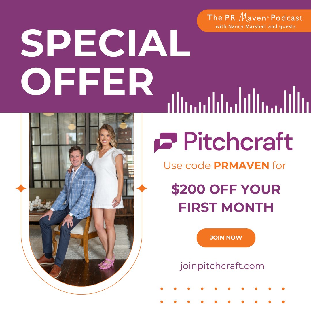 Pitchcraft is reshaping how PR professionals and journalists work together. We are proud to have Pitchcraft as a sponsor on The PR Maven® Podcast and we have found so much value in using their platform. Use the code PRMAVEN for $200 off your first month. joinpitchcraft.com