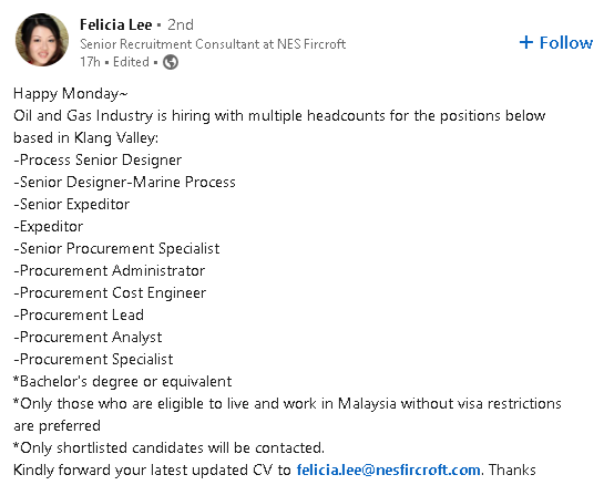 getmehired_io's tweet photo. ❕ Hiring in the Oil and Gas Industry❕

📌 Multiple positions

🎓 Fresh graduates are encouraged to apply!

✅ Send your CV to felicia.lee@nesfircroft.com https://t.co/8SNg7efNaS