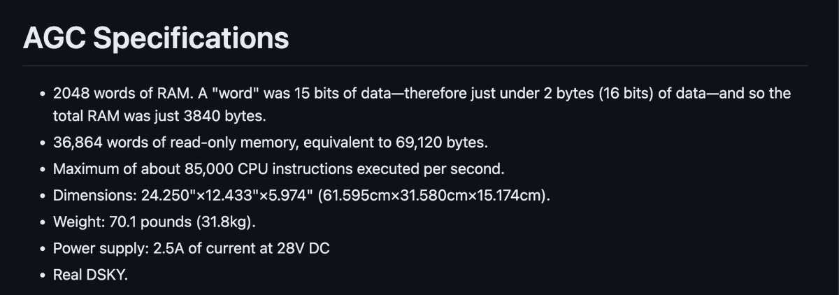 This are the specs of the Apollo Guidance Computer (for the Lunar module and the Command module) - and I am getting a Macbook M3 Pro laptop, so I can open up my 105th Chrome Tab!

Reference: github.com/virtualagc/vir…