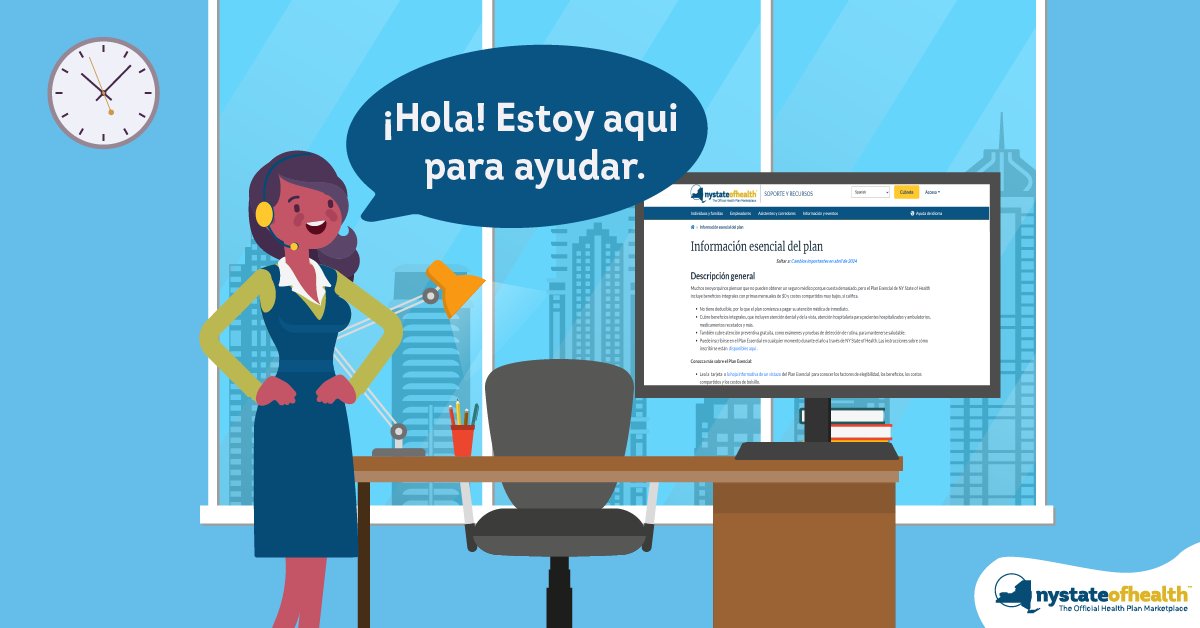 NYStateofHealth's tweet photo. ¡Más neoyorquinos ahora califican para el Plan Esencial! María estará feliz de ayudar a explicar las nuevas reglas de elegibilidad en español e inglés. Descubra más aquí: https://t.co/SsVWXLnO4t. #YourEssential #EnrollNY https://t.co/zNlg1TzPR5