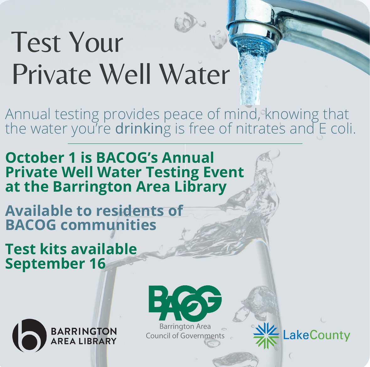 BACOG’s annual private well water testing event is October 1. Kits available for purchase September 16-30 at BACOG member village and township offices. #bacog #safewellwater #testyourwater