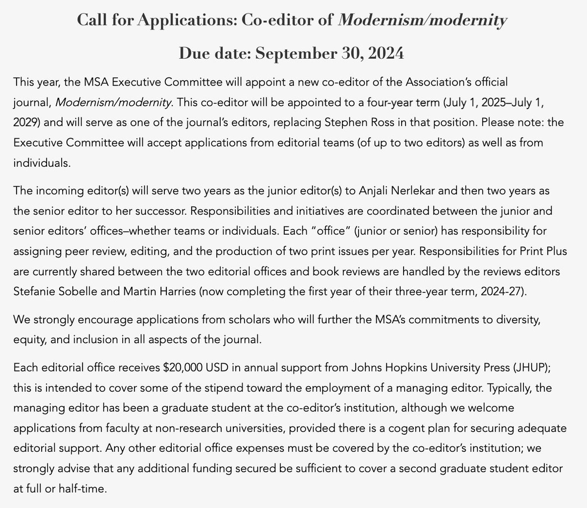 We are looking for a new co-editor, beginning July 2025, to work with the wonderful Anjali Nerlekar. Applications are due September 30: modernismmodernity.org/forums/posts/c…