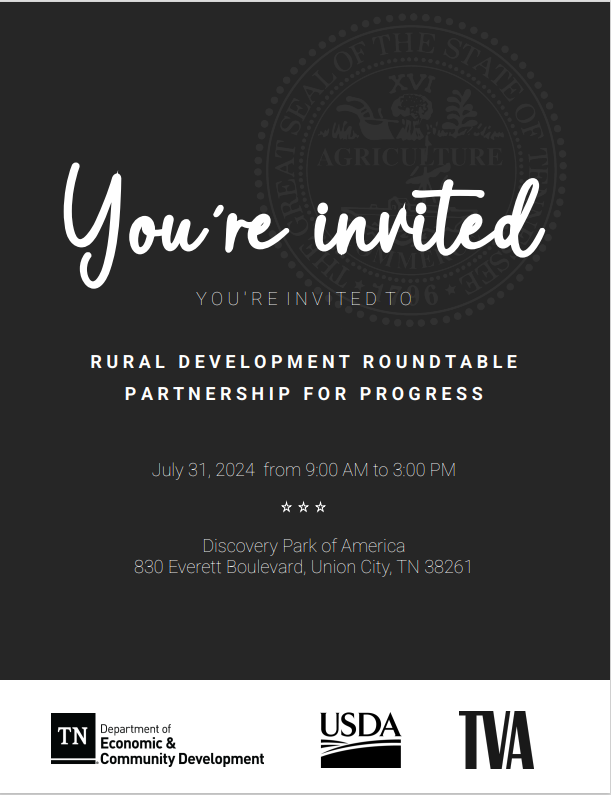 ATTN WEST TN‼️ <a href="/RD_Tennessee/">Rural Development Tennessee</a> will be joining <a href="/TNECD/">TNECD</a> &amp; <a href="/TVAnews/">Tennessee Valley Authority</a> on Tues July 30 at Lone Oaks Farm in Middleton and Wed July 31 at Discovery Park for the Rural Development Roundtable: Partnership for Progress. Hope to see you there!