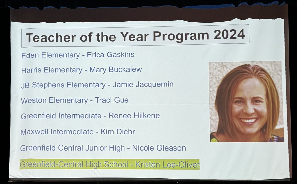🎉Congratulations again to all 8 of our building 'Teacher of the Year' recipients from 2023-24!   They were recognized this morning during our #1GC certified staff Opening Ceremony at GCHS. 
🏆Mrs. Kristen Lee-Oliver was chosen as our school district's 'Teacher of the Year'!
