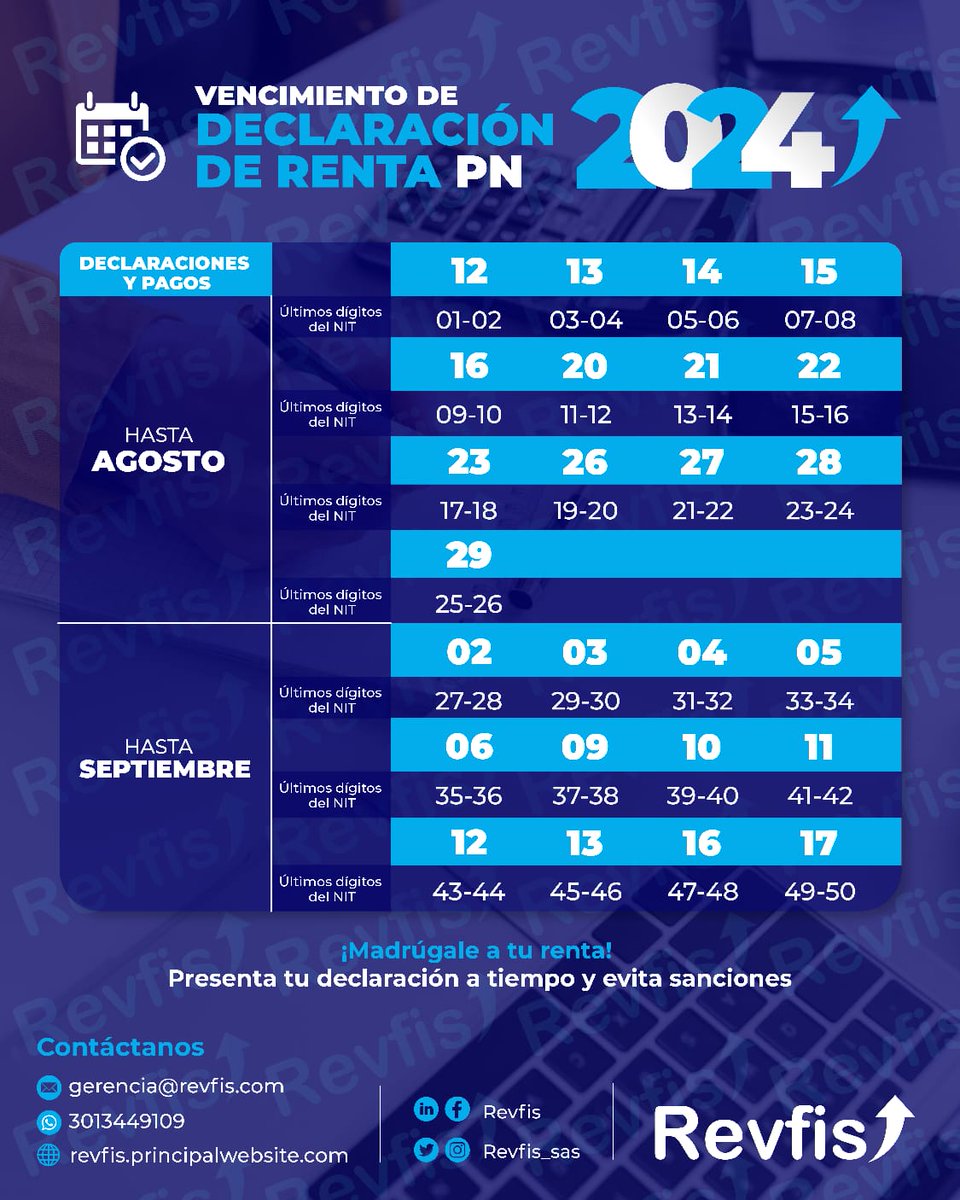 Revfis_sas's tweet photo. 🗓️¿Sabes la fecha límite para tu declaración de renta? ¡No lo dejes para el último momento! Evita sanciones, consulta nuestro calendario de vencimientos y ten toda la documentación lista.
Recuerda que estamos aquí para ayudarte. Si necesitas asistencia, ¡contáctanos! https://t.co/h2ZfdIKqfa