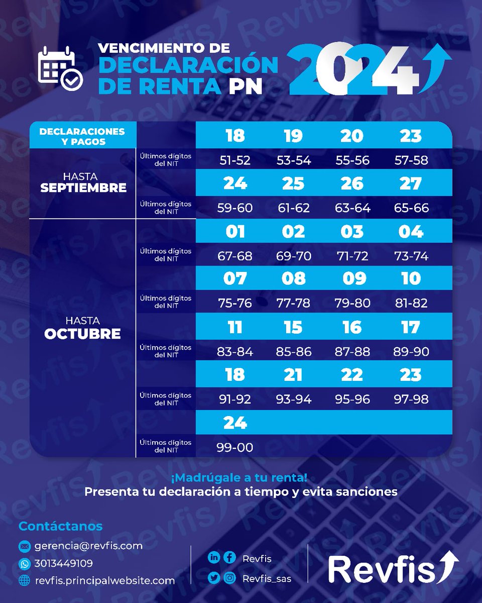 Revfis_sas's tweet photo. 🗓️¿Sabes la fecha límite para tu declaración de renta? ¡No lo dejes para el último momento! Evita sanciones, consulta nuestro calendario de vencimientos y ten toda la documentación lista.
Recuerda que estamos aquí para ayudarte. Si necesitas asistencia, ¡contáctanos! https://t.co/h2ZfdIKqfa