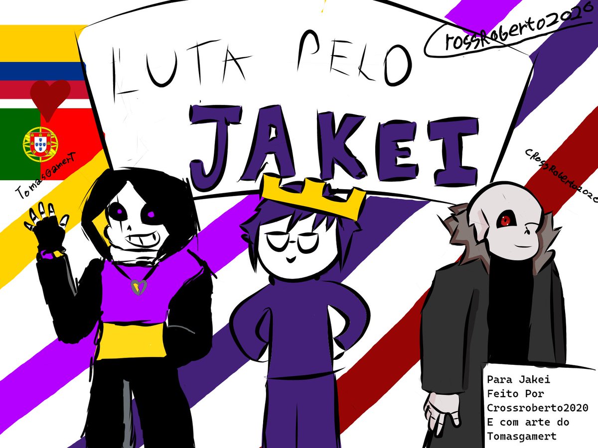 crossroberto1's tweet photo. #Jakei #Underverse Eu desejo o melhor para o Jakei, eu não sou muito bom a desenhar mas pelo menos tentei, e tive a ideia de por "luta pelo Jakei" em referencia da arte do @YerLocalRatt 
Esta arte tem o meu personagem, o personagem do @tomasgamert, E O MAIS IMPORTANTE O JAKEI https://t.co/srchqBR25z