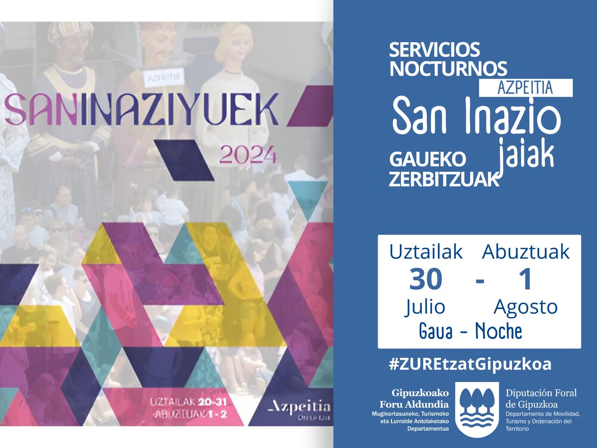 MugikortasunGip's tweet photo. Pondremos servicio nocturno de @Lurraldebus del 30 de julio al 1 de agosto, con motivo de las fiestas de San Ignacio, conectando #Azpeitia con #Azkoitia #Zestoa #Zumaia #Getaria #Zarautz y #Errezil.

➕ https://t.co/xVb9pnMBoI

#ZUREtzatGipuzkoa https://t.co/qwCUk0FslH