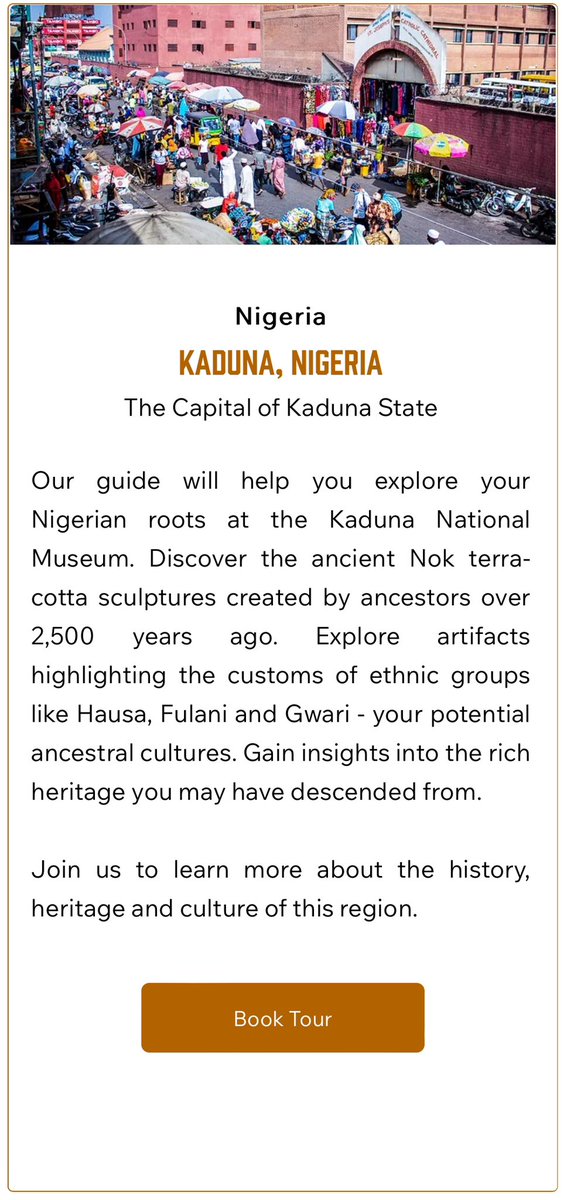 Live, Virtual Tour in Nigeria

One of our first "Discovery Tours" to be offered is live from Kaduna, Nigeria. Bring your whole family on this tour with your own private guide. Live, virtual, interactive tours in Italy and Ireland are also available.

ancestry.discover.live