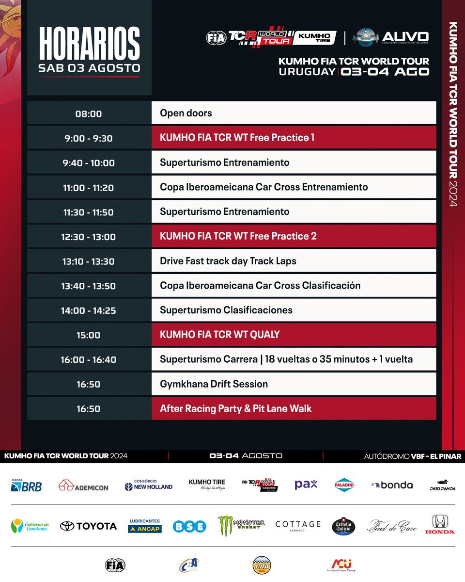 AUVO2's tweet photo. 🕛 Mira los horarios para el fin de semana 🏆

Cada vez más cerca de vivir el evento del año 🏁, KHUMO FIA TCR WORLD TOUR junto a TCR South America y  el Superturismo en El Autódromo VBF de El Pinar, mira aquí todo el cronograma del fin de semana de carreras https://t.co/7HzAfTvhHF
