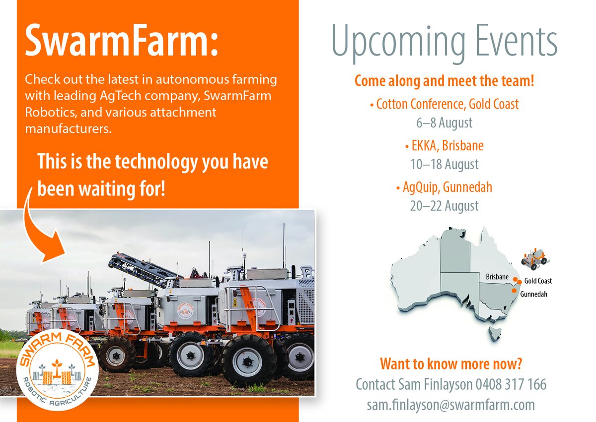 SwarmFarm's tweet image. 🤖 Get ready, Queensland and New South Wales🚀
 
Meet the team and witness the #FutureOfFarming in action at  3 exciting  events!

🔗 RSVP now with Sam📱 0408 317 166

#SwarmBotDemo #RoboticsRevolution #TechEvent #CollaborativeAgriculture #FieldDay