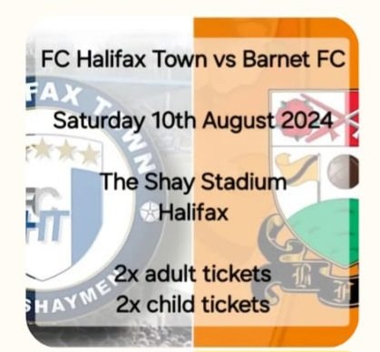 Our next charity auction item for <a href="/Calderlighthous/">Calderdale Lighthouse</a> is a family ticket (2 adults and 2 children for the opening game of <a href="/FCHTOnline/">FC Halifax Town</a> season v <a href="/BarnetFC/">Barnet FC 🐝</a> on Saturday 10th August at The Shay. Please email your bid to CLcharityday@gmail.com wining bid announced 4/8/24 Please share 🙏