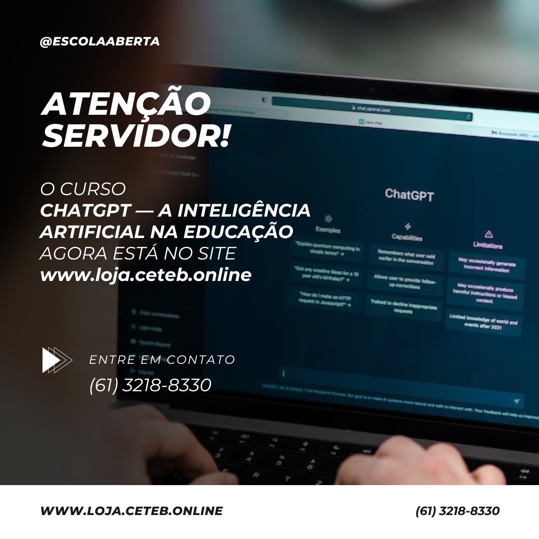 Escola_Aberta's tweet photo. Qualquer dúvida, entre em contato pelo número (61) 3218-8330

Acesse: https://t.co/ghwdnsjtfU

#escolaaaberta #ceteb #escolaceteb #cursos #online #licençacapacitação #progressão #auxílioaprimoramento #servidorpúblico #servidor https://t.co/yMw3FeQDok