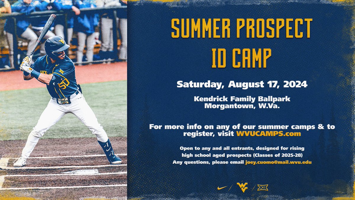 Who: High school Players 

What: Prospect Camp

When: August 17th 

Where: Kendrick family ballpark Morgantown, WV

Why: showcase your skills and see what it takes to be a Mountaineer!! 

Signup today at wvucamps.com 

#HailWV