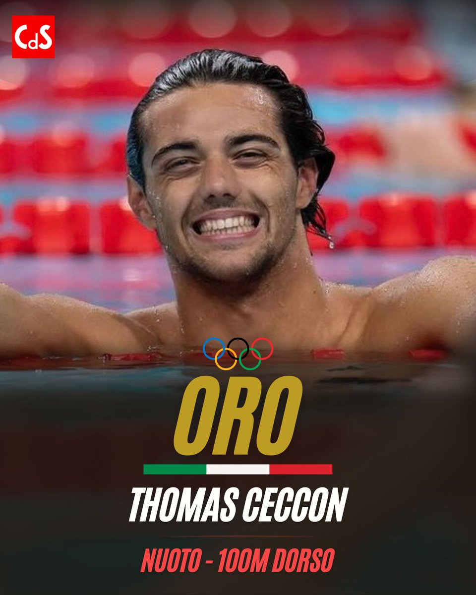 CorSport's tweet photo. THOMAS CECCON MEDAGLIA D'ORO 🔥

Il fuoriclasse veneto batte tutti nella finale dei 100 metri dorso. Secondo oro per l'Italia del nuoto a Parigi 2024❗🥇

#Ceccon #Olimpiadi #CorrieredelloSport https://t.co/uzVtS2oPvw