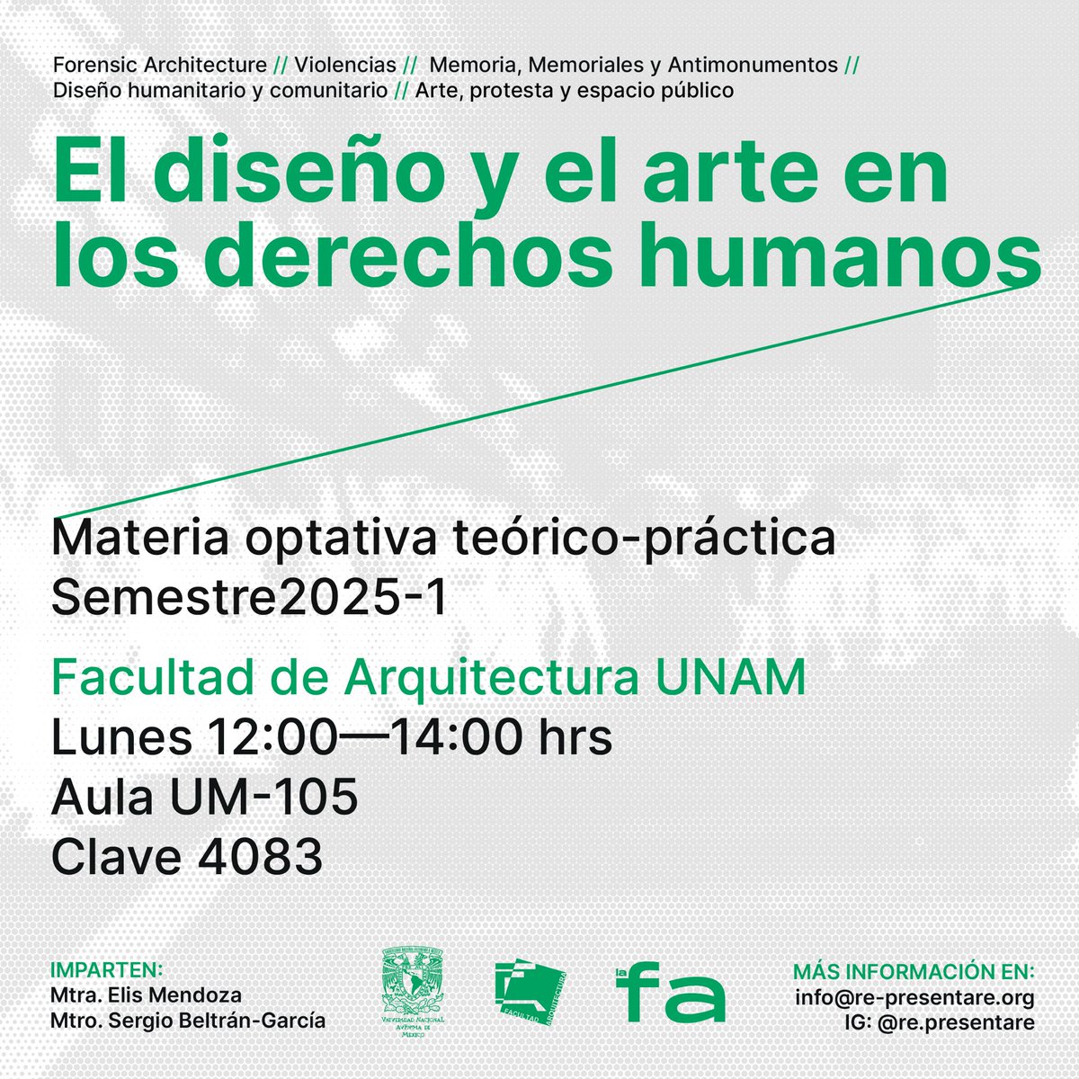 representare's tweet photo. Por tercera ocasión, el equipo de @representare, @lizzanka y @ssbeltran, impartirán la asignatura optativa "El diseño y el arte en los derechos humanos" en la @faunam_mx.

Lunes 12:00-14:00 hrs en CU
¡Aceptamos oyentes!

Consulten en estas imágenes horarios, objetivos y temario. https://t.co/IDpRDvssH8