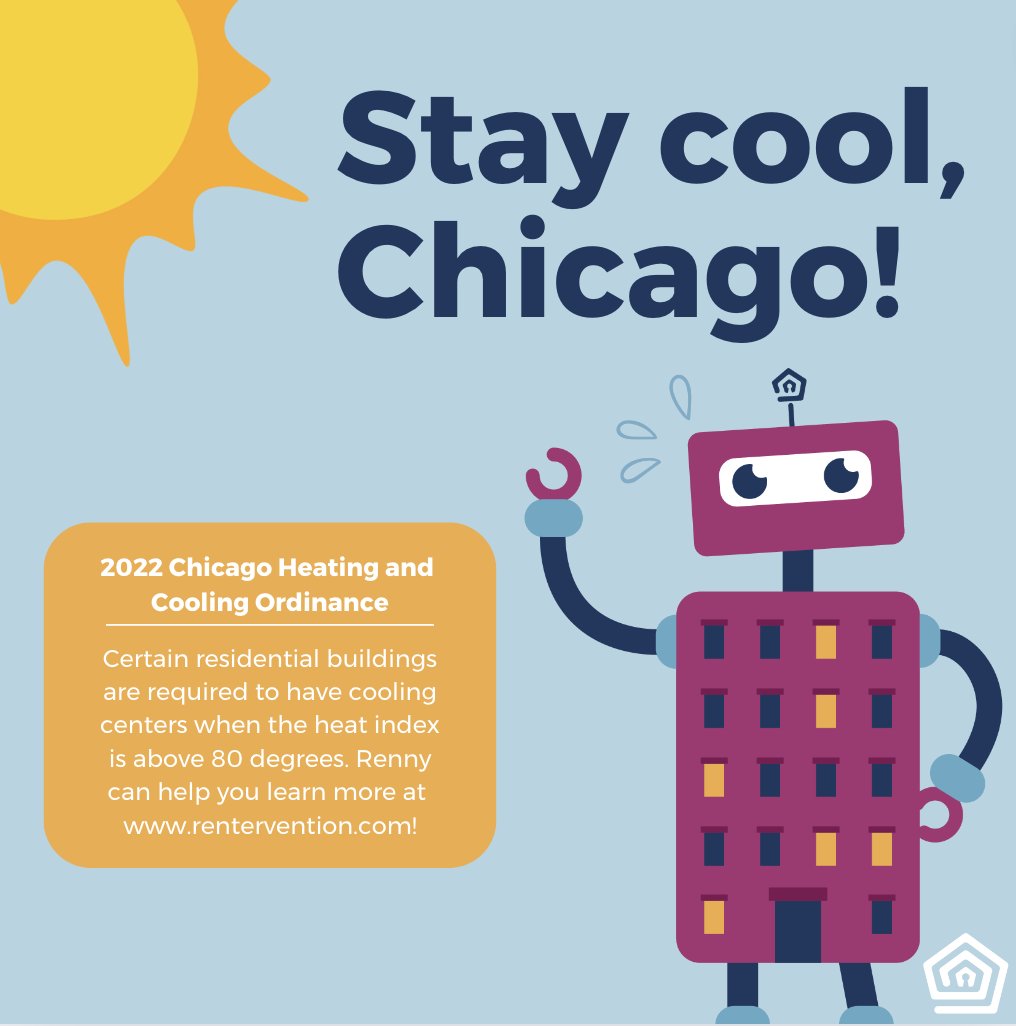 There's a chance for thunderstorms and high temperatures with a heat index reaching 100-105 degrees this week. The Chicago Heating and Cooling Ordinance requires some residential buildings to provide cooling centers for their residents. Learn more at Rentervention.com!