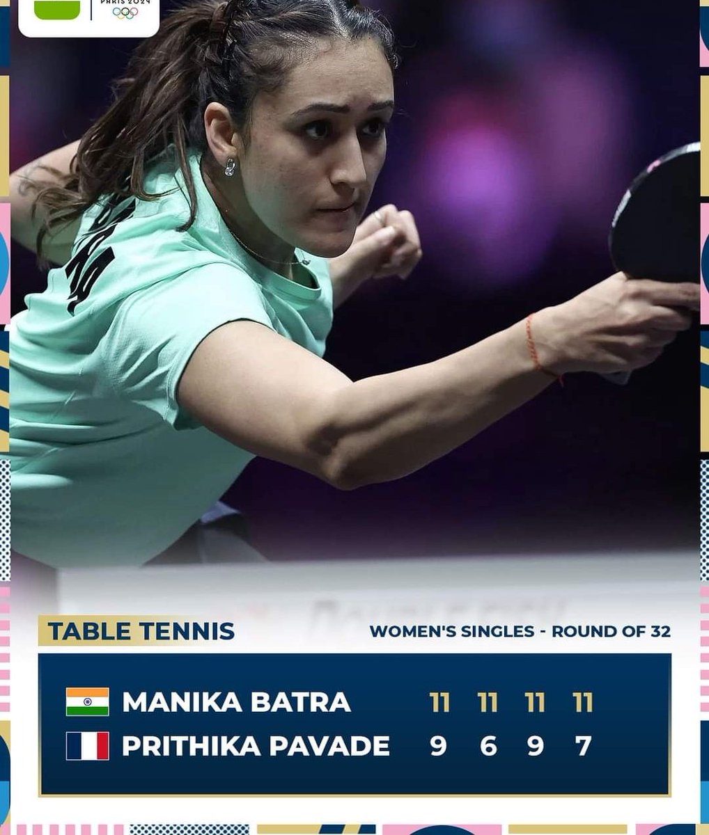 jitendery43's tweet photo. BIG WIN FOR INDIA
India’s WR28 Manika Batra beats WR18 Indian-origin French paddler Prithika Pavade in the Women’s Singles - Table Tennis - Round of 32.💙

Great performance from the Indian super stars.

#paris2024 #Olympics #Olympics #TableTennis https://t.co/NFYzXtcM2s