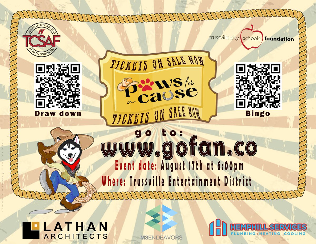 Get  tickets EARLY!!! And join us for the 15th Annual Paws for a Cause on 8-17-24, at The  Trussville-Entertainment District at 6pm. Buy your tickets for a chance to win in the  $10,000 drawing! Purchase your BINGO cards! Each winner will be entered into the drawdown. 🎉 🐾❤️