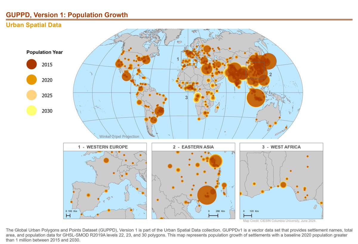 New Data! A new Global Urban Polygons and Points dataset (GUPPD), v1 (1975 – 2030) at NASA's Socioeconomic Data and Applications Center (#SEDAC) provides 123,034 urban settlements with place names and population in five-year increments. 

Access data: go.nasa.gov/3WH8WxK