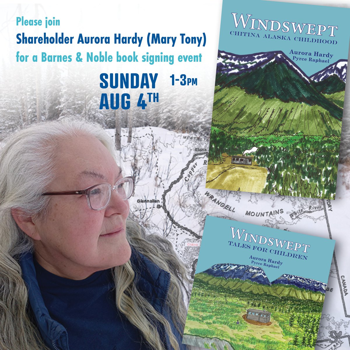 Join Shareholder Aurora Hardy (Mary Tony) at a special book signing event to celebrate the release of her latest works: Windswept: Chitina Alaska Childhood and Windswept: Tales for Children @ Anchorage Barnes &amp; Noble on Sunday, August 4th from 1-3pm. fathompublishing.com/biography/wind…