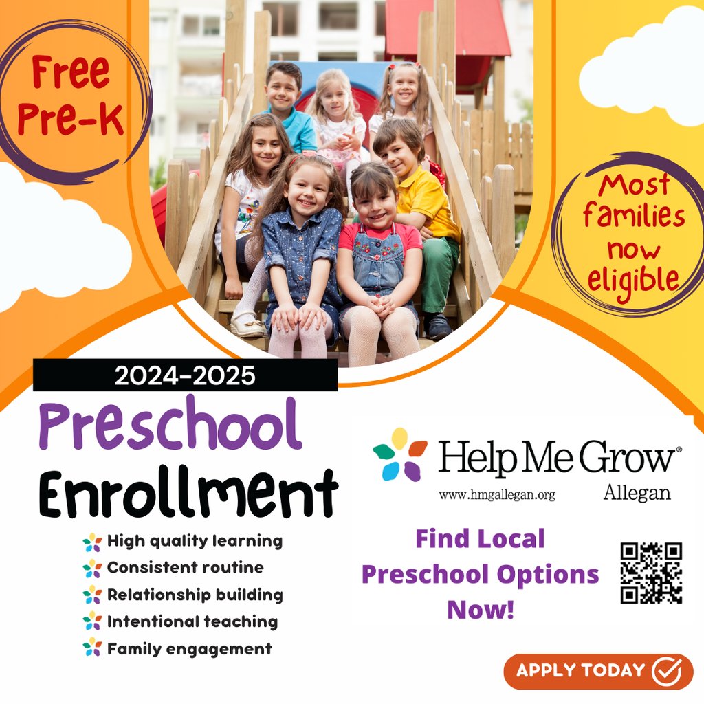 AlleganAreaESA's tweet photo. Attention Families! Help Me Grow Allegan has expanded GSRP offerings. Most families are now eligible. Register your 4-year-old for preschool today! https://t.co/kSuVxPOx4k