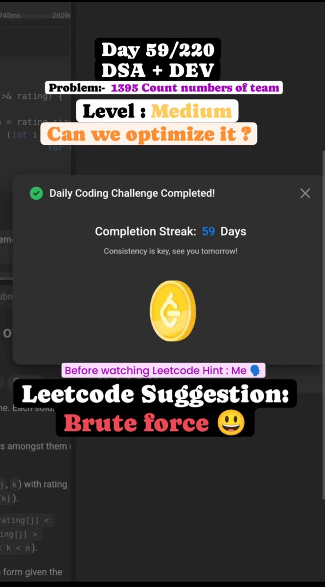 Dev_JunkM's tweet image. Half of the Typescript playlist of @Hiteshdotcom completed the rest I will complete it by tomorrow..

Today, I had a problem using Brute force...
How can we optimize it ?
The Leetcode hint gives us :- Brute force approach 😃 

#leetcode #hiteshdotcom #dsa #typescript #cpp #java