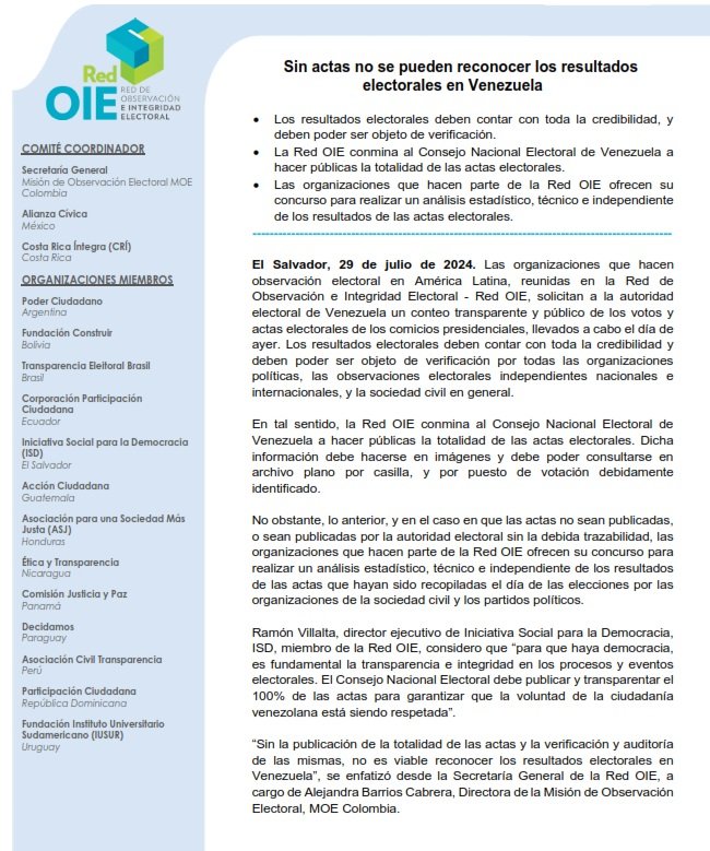 ELECCIONES DE VENEZUELA: SIN ACTAS NO SE PUEDEN RECONOCER LOS RESULTADOS ELECTORALES EN VENEZUELA. COMUNICADO RED-OIE