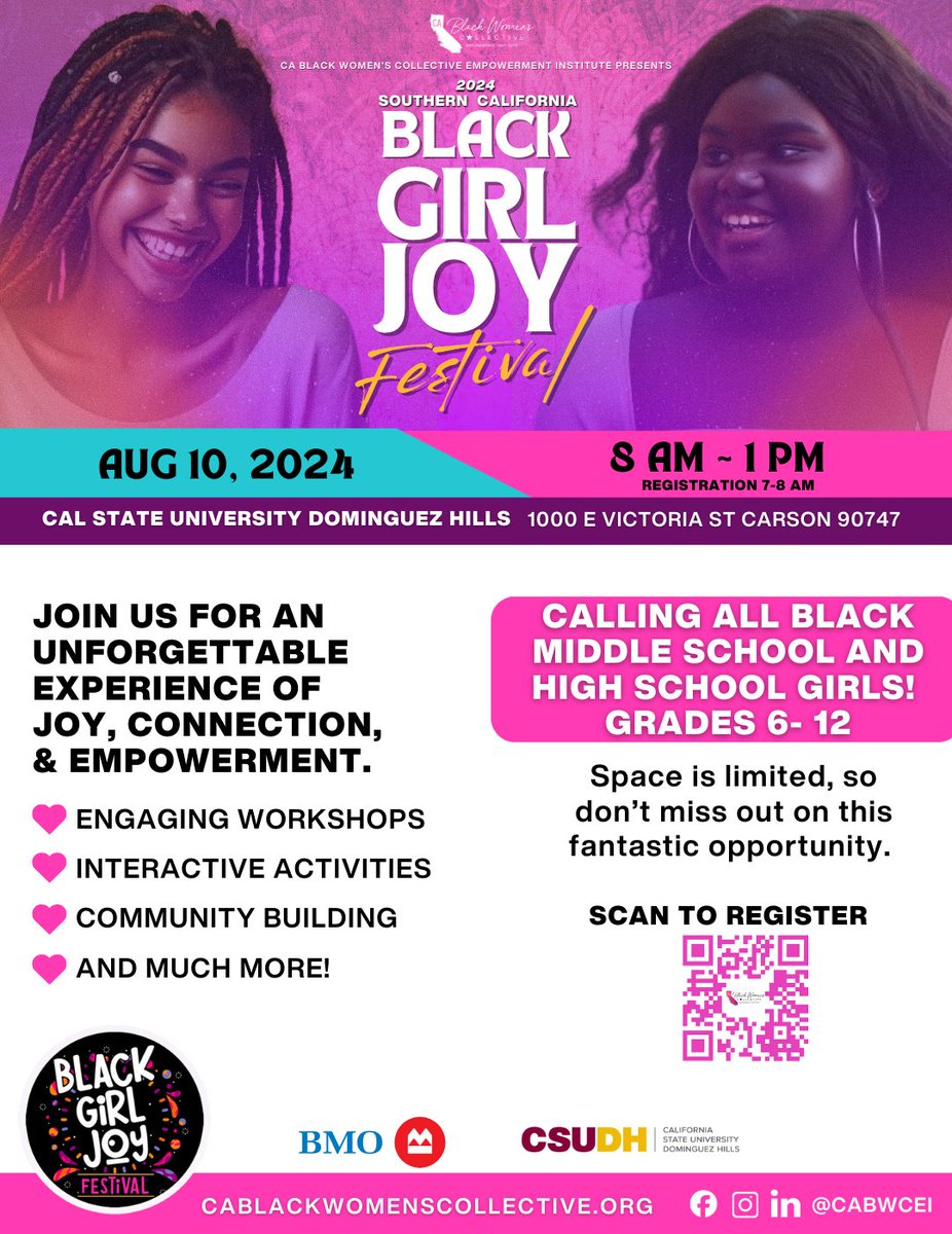 The_SOH_LA's tweet image. Join us at the 2024 CA Black Girl Joy Festival Resource Fair! This festival is a celebration of empowerment, joy, and community for Black girls in middle school and high school. 

#CSUDH #BlackGirlJoy #SouthBay #SouthLA #BlackGirlRocks #LosAngeles #YouthEmpowerment