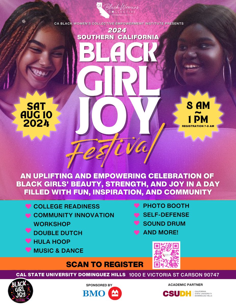 The_SOH_LA's tweet image. Join us at the 2024 CA Black Girl Joy Festival Resource Fair! This festival is a celebration of empowerment, joy, and community for Black girls in middle school and high school. 

#CSUDH #BlackGirlJoy #SouthBay #SouthLA #BlackGirlRocks #LosAngeles #YouthEmpowerment