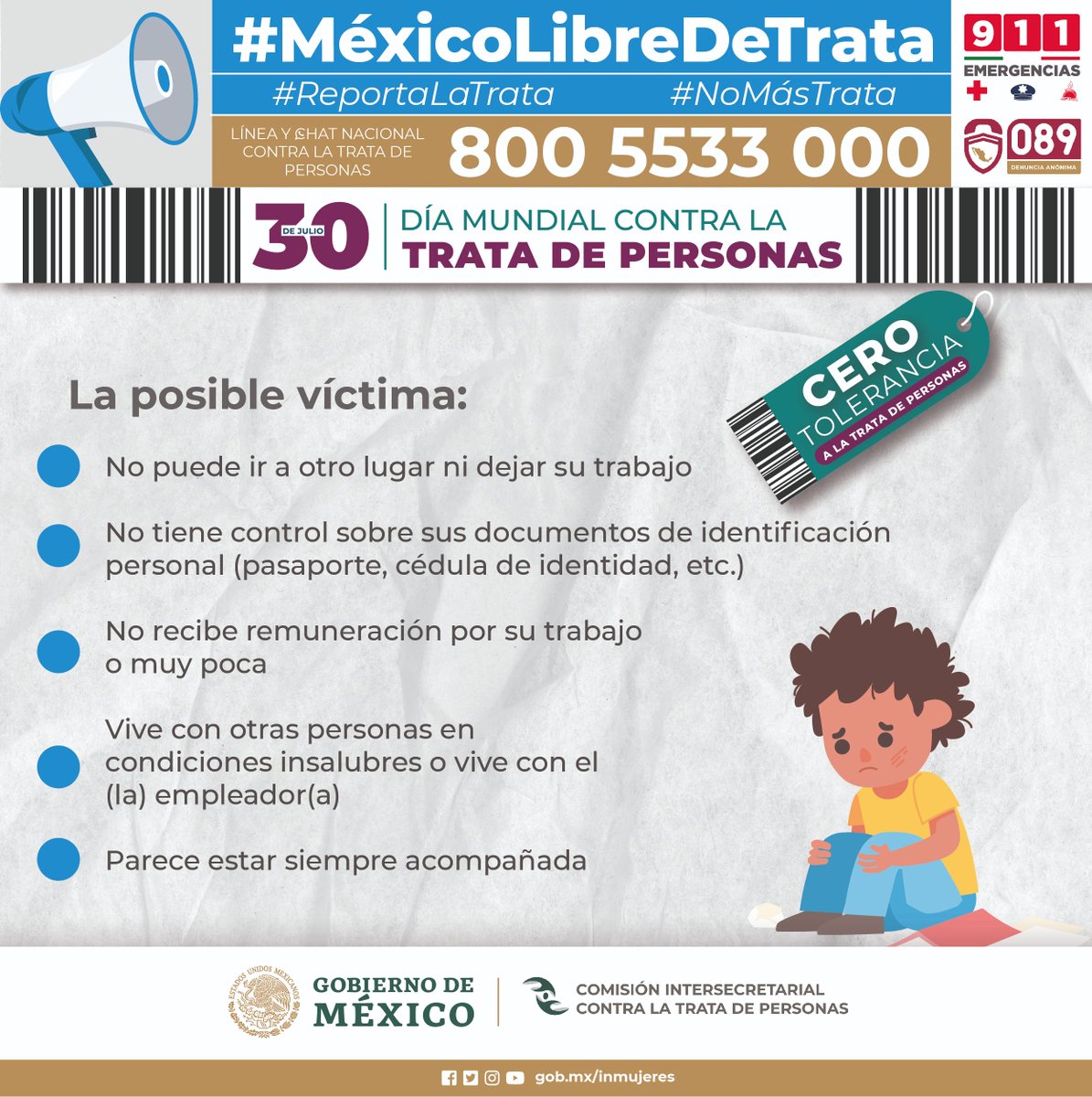 Aprende a identificar a posibles víctimas de #TrataDePersonas . ¡Tu puedes salvar una vida!. 
Aquí te damos algunas características de las víctimas. 

#ReportaLaTrata
Línea nacional: 800-55-33-000 y números de emergencia 089 y 911. 

Por un #MéxicoLibreDeTrata.

#NoMásTrata.