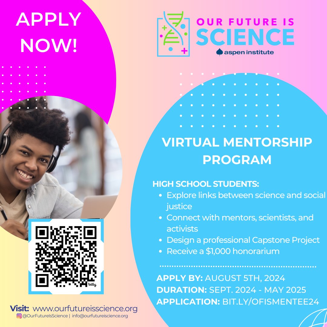 OurFutureisSci's tweet photo. APPLY Today!

OFIS is a virtual mentorship program that pairs high-schoolers in the U.S. with STEM graduate students. Over 8-9 months we aim to inspire future STEM leaders by connecting science with social and community issues.

APPLY TODAY at:  https://t.co/UKLsZ1M3vM https://t.co/ZgQsxqbOFW