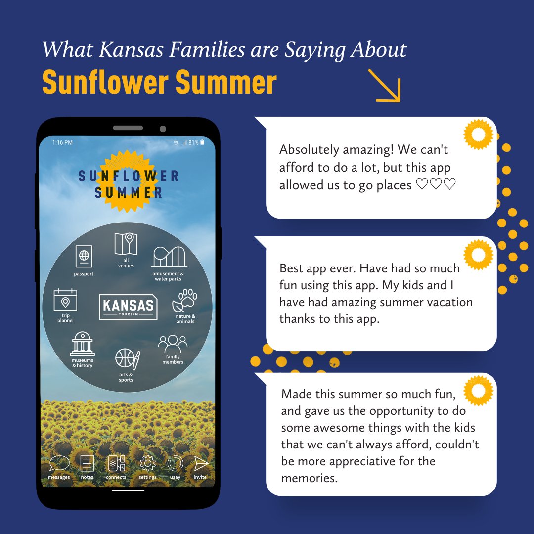 Sunflower Summer is winding down, but there's still time for Kansas families to take advantage of free admissions! The program ends August 11th so download the app and use it at your favorite participating attractions. #sunflowersummer #ToTheStarsKS