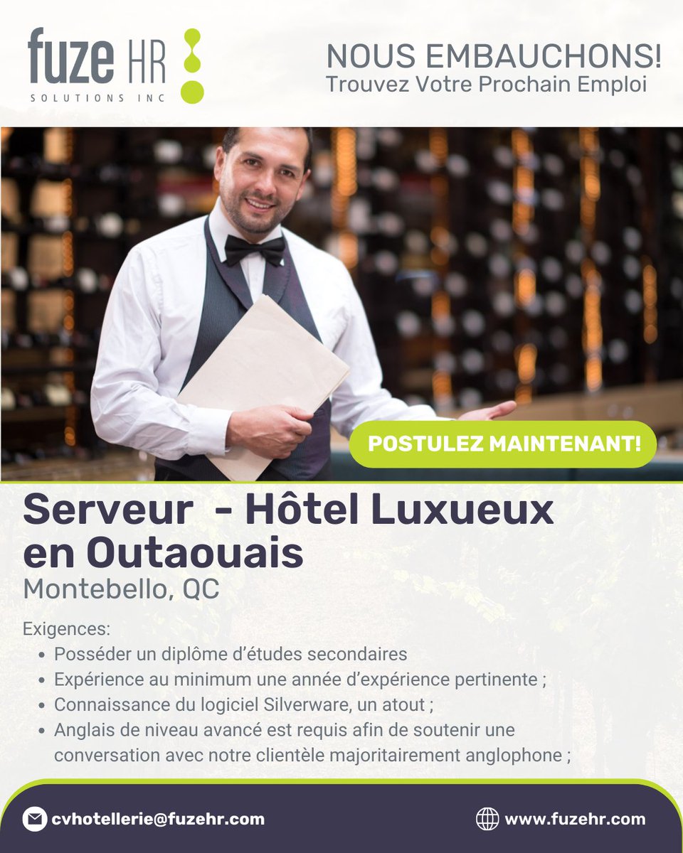 FuzeHR's tweet image. Nous recrutons un(e) Serveur(euse) pour un hôtel haut de gamme en Outaouais à Montebello, QC.

Apprenez en plus ici : ow.ly/1fxQ50SMB11

#Server #Serveur #Serveuse #Hotel #Hotellerie #Outaouais #Quebec #Canada #ApplyNow #Emploi #Recrutement #Recruitment #Staffing #Agency