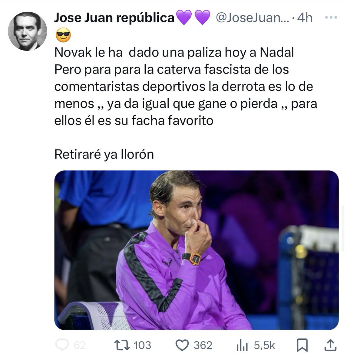 Nach_MCF87 (@mirasierracrew8) on Twitter photo Cómo explicarle a un cerdo republicano lo que significa don <a href="/RafaelNadal/">Rafa Nadal</a> para toda España. <a href="/JoseJuanBlanca5/">Jose Juan república💜💜</a> habría que explicarte lo años de gloria que ha dado este deportista a nuestro país. En cambio vosotros solo sois la lacra de este país. 🐷🐷🐷🐷🐷 Cómo explicarle a un cerdo republicano lo que significa don <a href="/RafaelNadal/">Rafa Nadal</a> para toda España. <a href="/JoseJuanBlanca5/">Jose Juan república💜💜</a> habría que explicarte lo años de gloria que ha dado este deportista a nuestro país. En cambio vosotros solo sois la lacra de este país. 🐷🐷🐷🐷🐷
